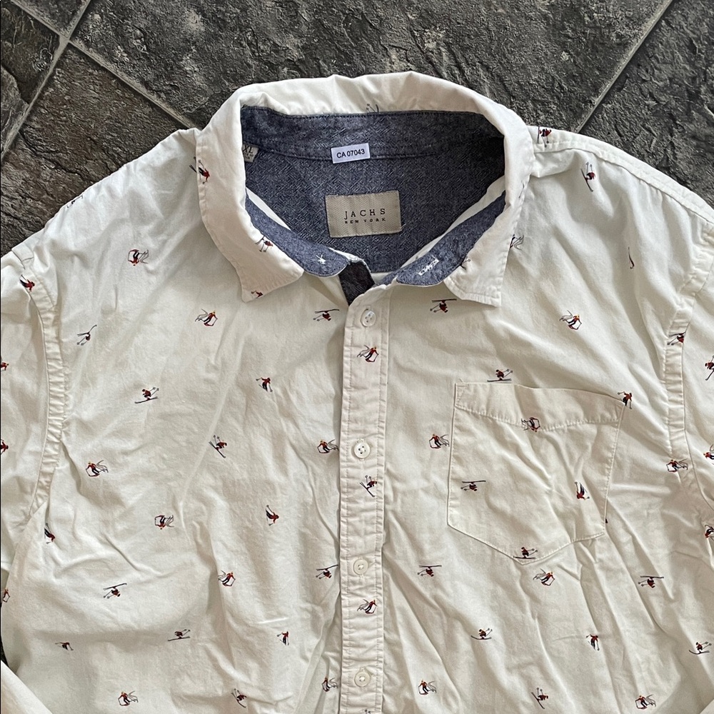 JACHS NY Men’s Off-White Ski Print Soft Cotton Button-Down Preppy Casual Shirt